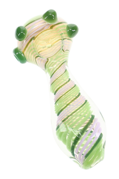 5" color-changing glass spoon pipe with green and lavender spiral stripes and raised green glass marble accents