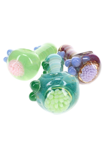 Assorted 5" silver fumed floral glass spoon pipes shown from the mouthpiece end with colorful flower accents