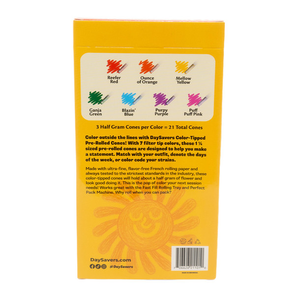 Back of DaySavers Color Tipped pack showing seven tip color names, cone details, and barcode panel