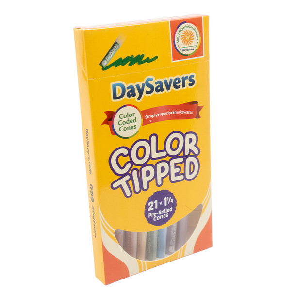 Angled yellow DaySavers Color Tipped 21-count cone pack with window showing assorted filter tips