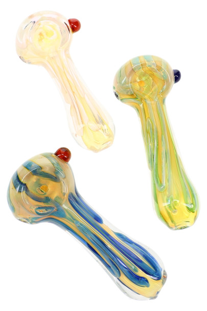 Assorted 3.5" silver fumed squiggle striped glass spoon pipes in blue, green, amber, and clear color styles