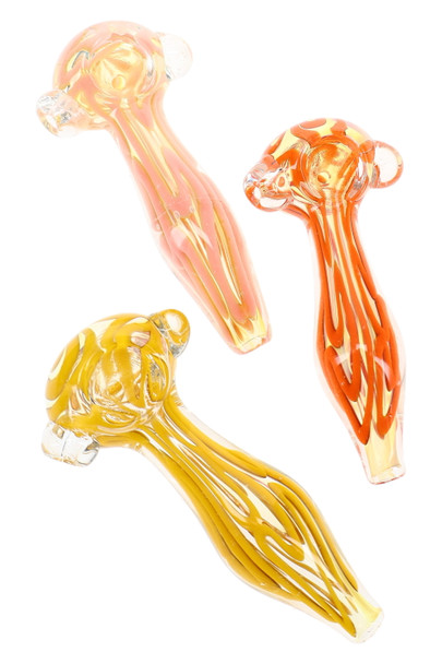 Assorted 4" color-changing squiggle striped glass spoon pipes in yellow, pink, orange, and clear color styles