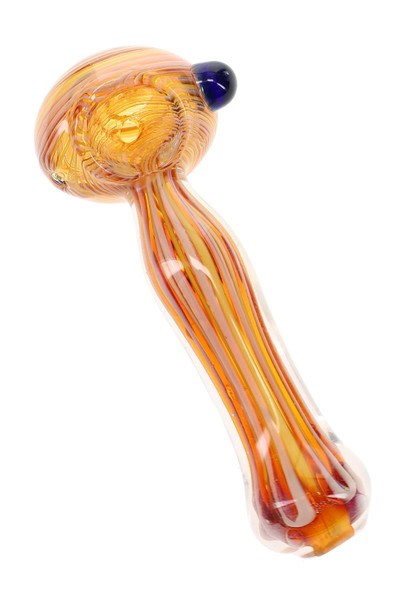 4.5" silver fumed orange striped glass spoon pipe with dark blue side marble shown at an angle