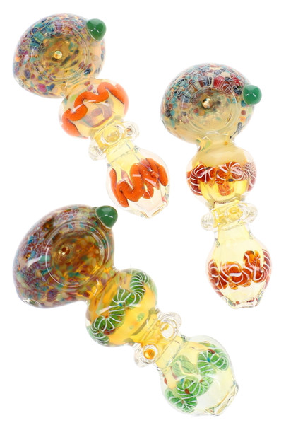 Assorted 4" silver fumed frit glass spoon pipes with multicolor frit bowls, decorative ring sections, and green side marbles
