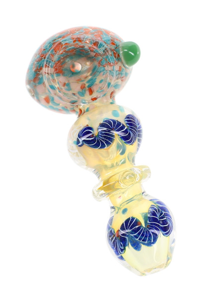 4" silver fumed frit glass spoon pipe with blue decorative striped ring accents, multicolor frit bowl, and green side marble