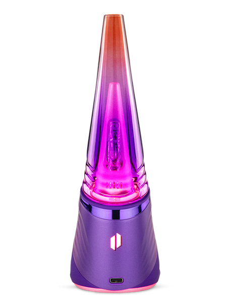 Back view of Puffco Peak Pro 3DXL Plasma e-rig with glowing pink glass, USB-C port, and logo