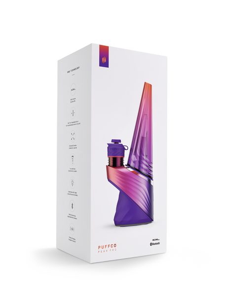 White Puffco Peak Pro 3DXL Plasma retail box with device render and feature icons on side panel