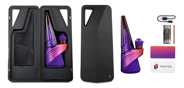 Puffco Peak Pro 3DXL Plasma kit layout with carry case, device, USB-C cable, swabs, tool, and cards