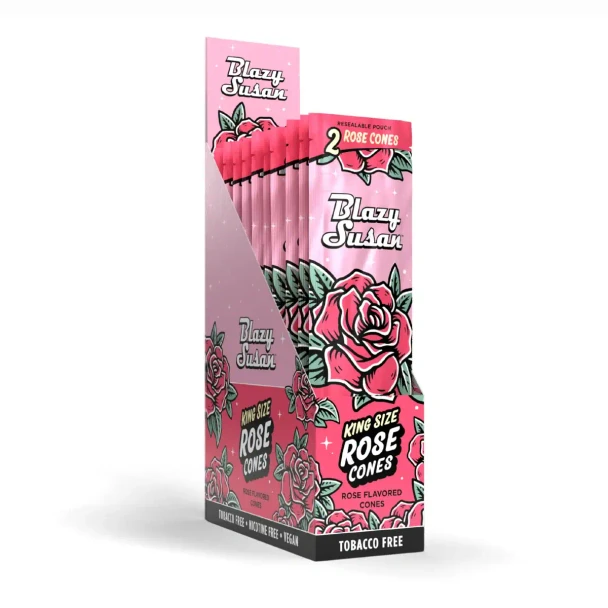 Blazy Susan King Size Rose Cones countertop display with 10 resealable pouches containing two rose-flavored pre-rolled cones each.