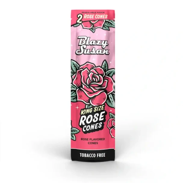 Front view of Blazy Susan King Size Rose Cones resealable retail pouch for two rose-flavored tobacco-free pre-rolled cones.