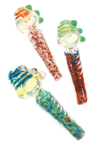 Assorted 4.5" color-changing glass spoon pipes with multicolor frit handles, spiral wrap accents, striped bowls, and decorative glass marbles.