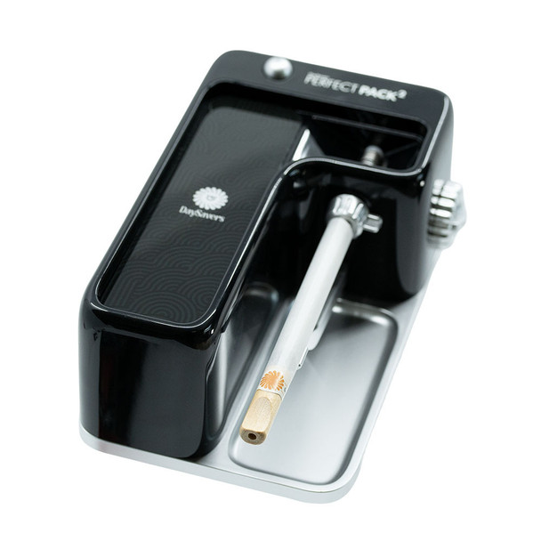 Black DaySavers Perfect Pack 2 with compatible pre-rolled tube installed in the filling tube.