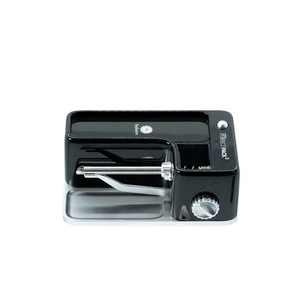Black DaySavers Perfect Pack 2 filling machine shown from top view with adjustable control knob and filling tube.
