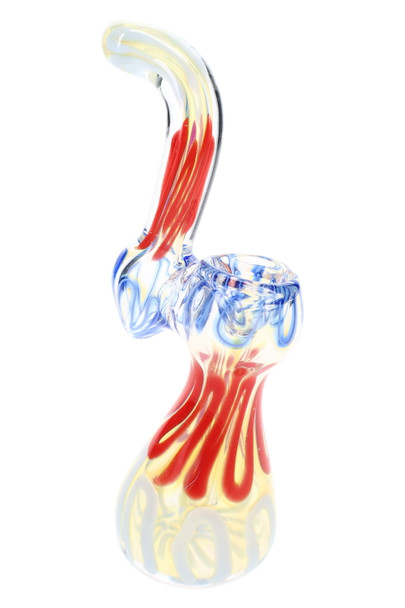 Small color-changing Sherlock glass bubbler with multicolor squiggle stripes shown from side angle