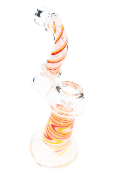 Clear glass Sherlock bubbler with Rasta swirl striped frit design and curved neck shown from side angle