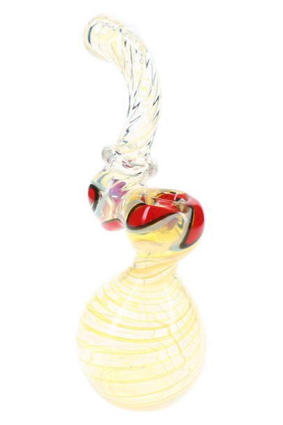 8" silver fumed Sherlock glass bubbler with swirl detailing and red, black, and blue bowl accents shown from side angle