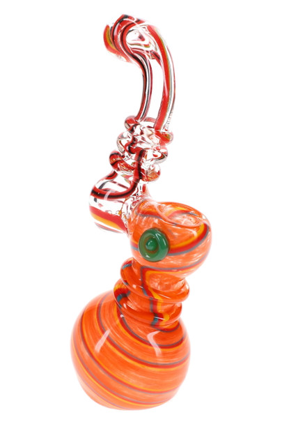 7.5" colorful frit clear glass Sherlock bubbler with red swirl stripes, decorative neck rings, and rounded base shown from side angle