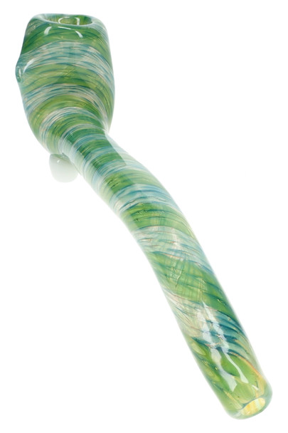 Green and blue 7.5" glass Sherlock pipe shown individually with a curved stem, swirl striping, and glass feet