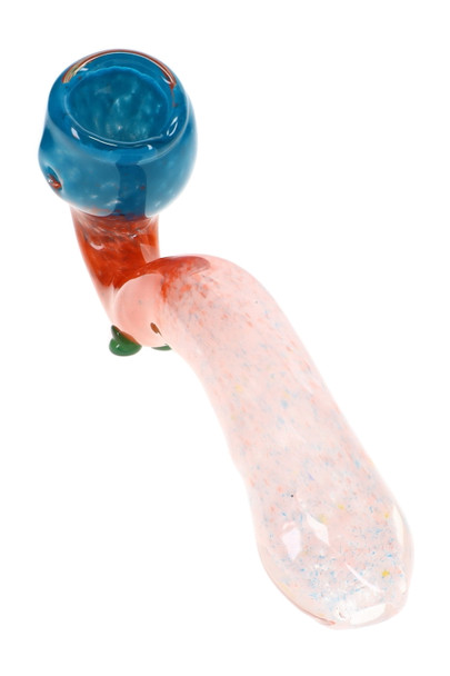 7" tricolor frit glass Sherlock pipe with blue bowl, red neck, pale pink stem, and green glass feet