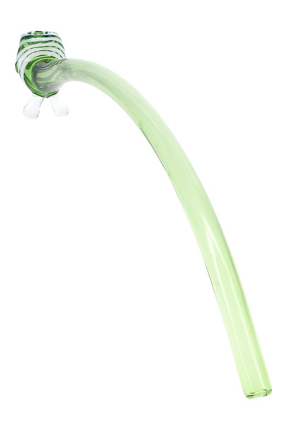 Light green 17" glass Gandalf pipe with a sweeping curved stem, striped bowl, and clear glass feet