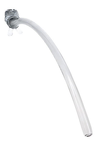 Gray 17" glass Gandalf pipe with a black and white striped bowl, long curved stem, and clear glass feet