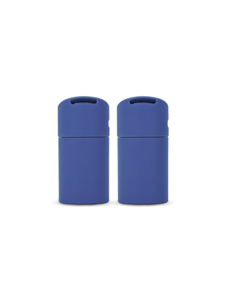 Two Sapphire blue Puffco Pivot silicone mouthpieces shown upright side by side as a matching 2-pack