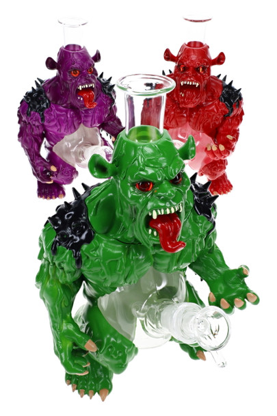 Green, purple, and red monster water pipes with clear glass chambers, black shoulder spikes, and glass bowls