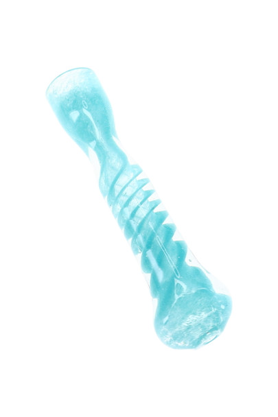 Aqua 3" spiral frit glass chillum with raised spiral design shown from side angle for smoke shop glass showcases