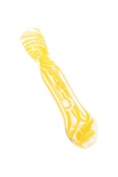 Clear 3" glass chillum with yellow swirl-striped linework and three raised glass marble accents
