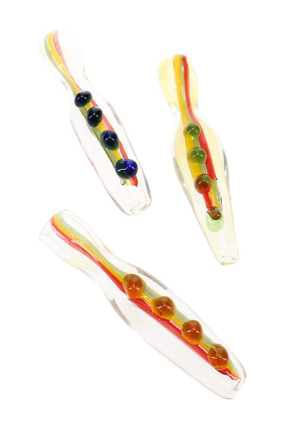 Three clear 3" Rasta glass chillums with red, yellow, and green stripes and assorted raised marble accents