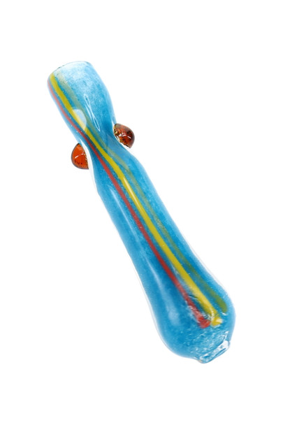 Blue 3" frit glass chillum with red, yellow, and green stripes and two amber side marbles