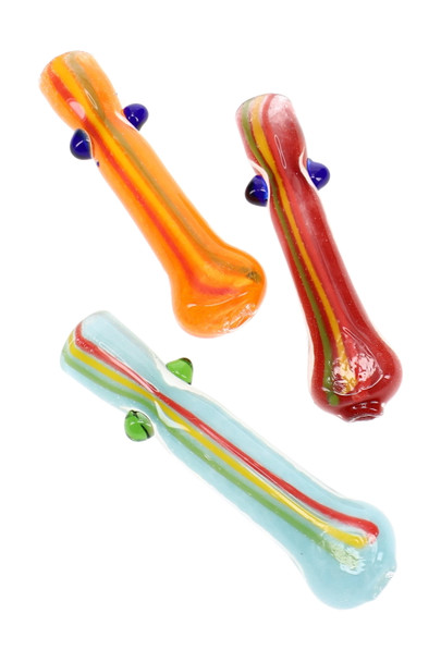 Three 3" frit glass chillums in orange, red, and blue with Rasta stripes and colored side marbles
