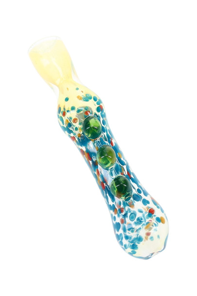 Clear 3" confetti frit glass chillum with blue, red, and amber flecks and three raised green marbles