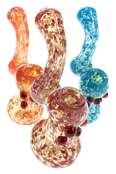 Assorted 5.5" color changing frit Sherlock glass bubblers with decorative glass accents displayed for smoke shop showcases