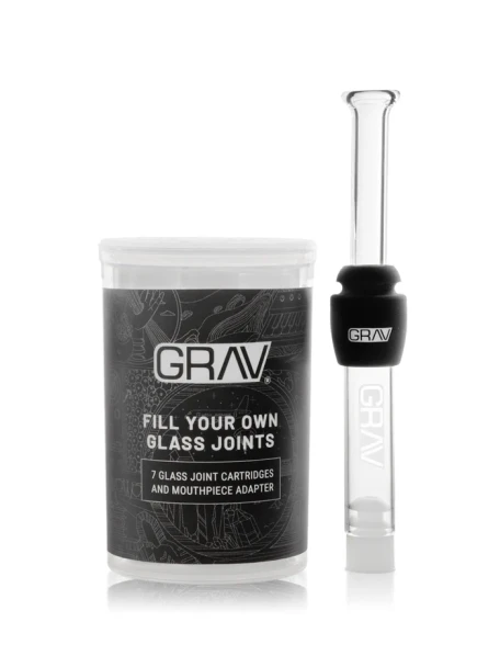 GRAV Fill-Your-Own Glass Joints package beside clear mouthpiece, black silicone grommet, and capped cartridge