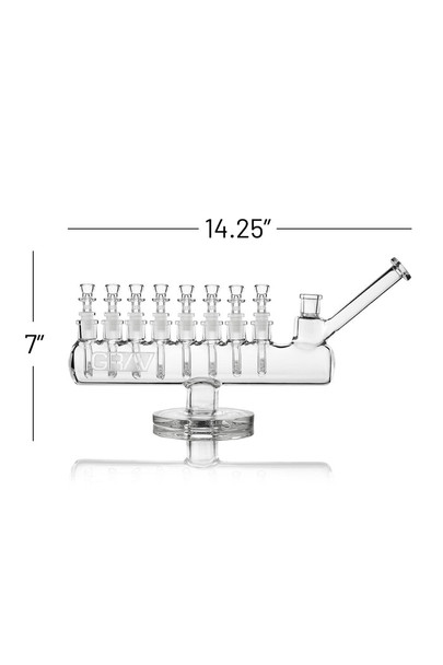 GRAV Clear Menorah water pipe dimension graphic showing 14.25-inch length and 7-inch height