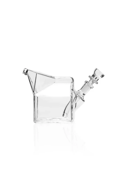 Side profile of clear milk carton pocket bubbler with carton-spout mouthpiece and angled glass bowl joint
