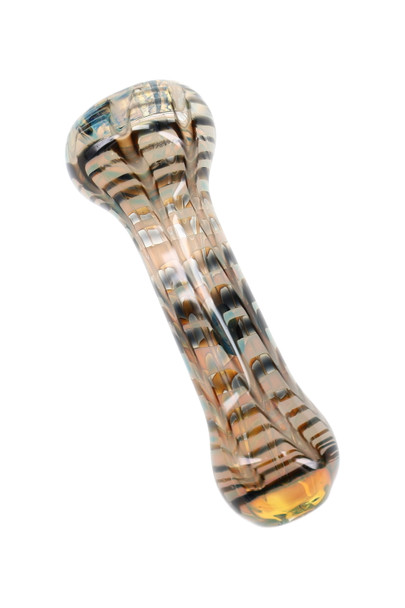 Single silver-fumed glass chillum with black, cream, and pale blue net-stripe pattern shown at an angle