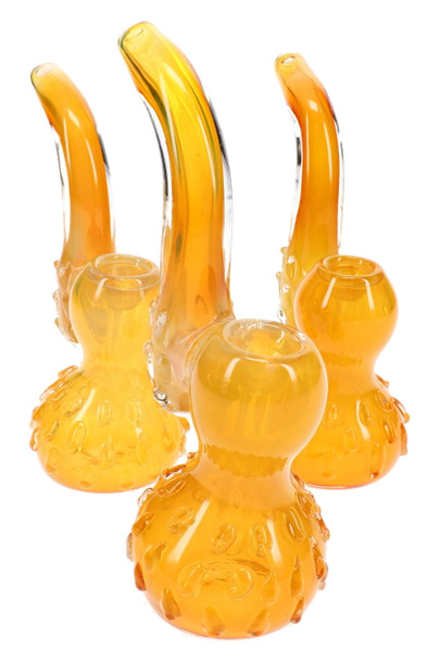 Three gold fumed marbled glass Sherlock bubblers displayed together, showcasing curved necks and raised decorative glass accents
