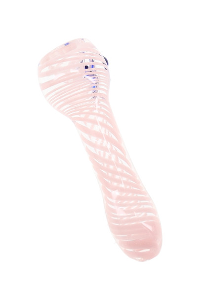 Pink swirl-striped clear glass chillum shown at an angle with a rounded bowl and purple side accents