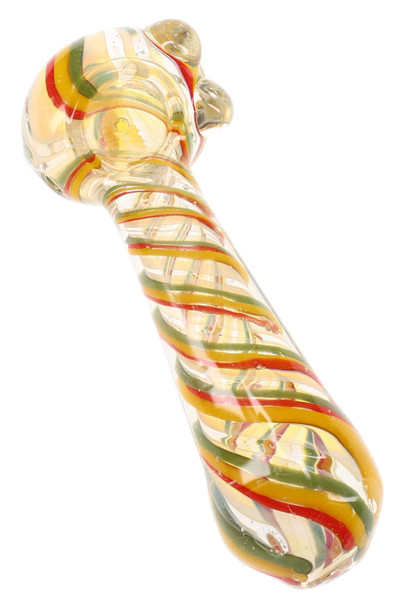 Single 5" Rasta swirl glass spoon pipe with red, yellow, and green stripes, clear marbles, bowl, and side carb