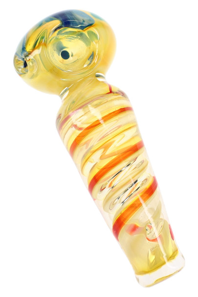 Single fumed glass spoon pipe with orange spiral stripes, blue floral bowl accent, rounded bowl, and side carb