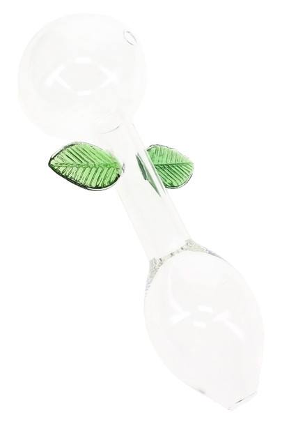 Single 7" clear glass oil burner pipe with straight stem, round chamber, and two textured green leaves