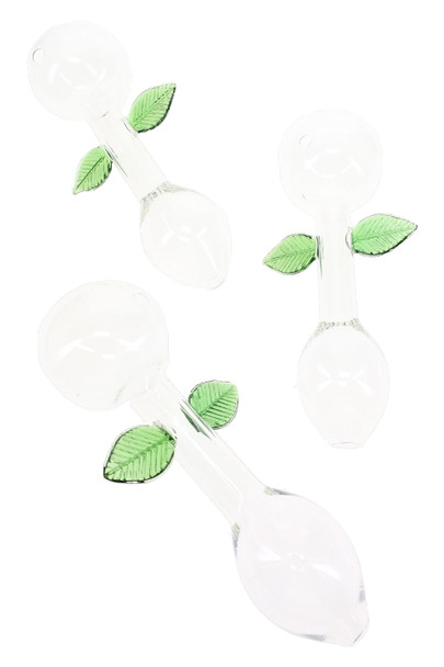Three 7" clear glass oil burner pipes shown at varied angles with rounded chambers and green leaf accents