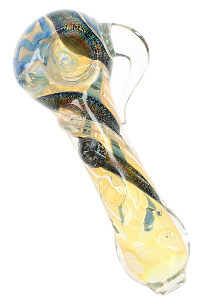 Close-up of a 5-inch color-changing glass spoon pipe featuring a sparkling dichro spiral, clear glass spikes, blue accents, and sculpted side loop.
