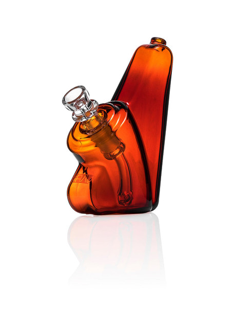 Angled view of amber GRAV Wedge bubbler featuring wedge-shaped body and integrated fixed downstem