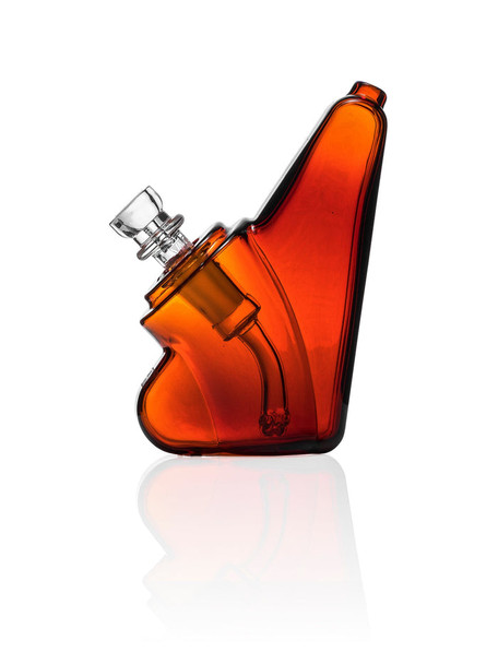 GRAV Wedge glass bubbler in translucent amber shown from the side with included 14 mm cup bowl and compact wedge design