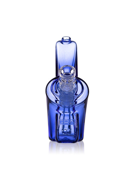 Front-facing cobalt blue GRAV Wedge glass bubbler with visible fixed downstem and 14 mm bowl opening