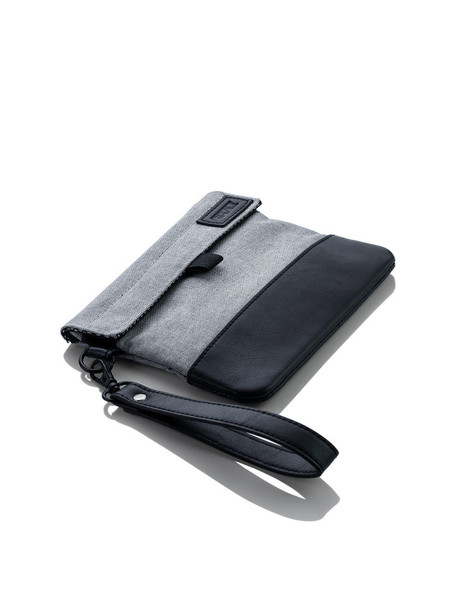 Gray and black GRAV smell-proof storage pouch with fold-over flap and removable wrist strap shown closed