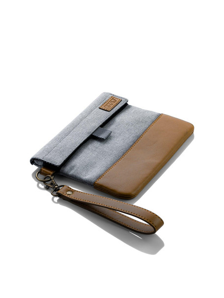 Gray and brown GRAV smell-proof storage pouch featuring fold-over closure and matching removable wrist strap